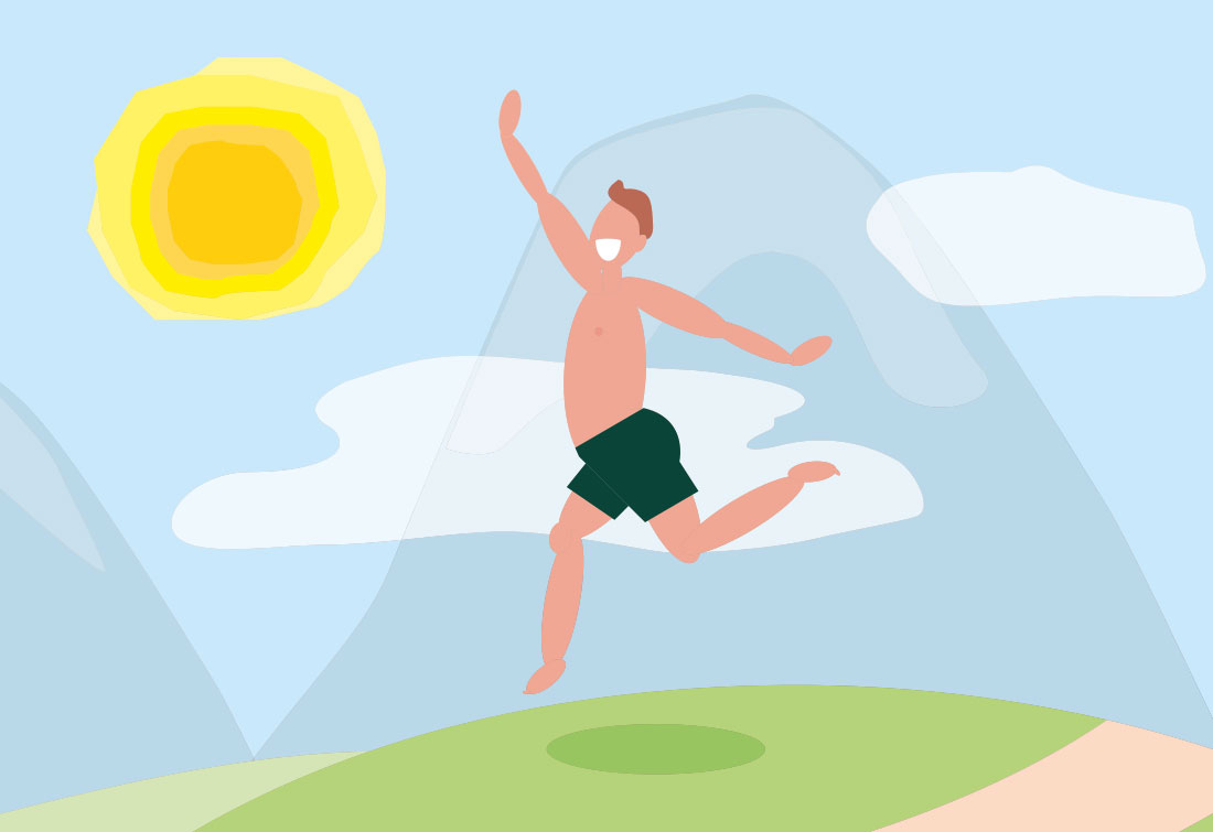 Illustration of man jumping over a hill with sunshine in the sky