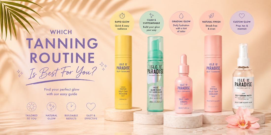 Left side: Which tanning routine is best for you? Right side: Express Tinted Self-Tan Mousse, Glow Clear Mousse, Self-Tan Drops, Tinted Self-Tan Mousse, Self-Tanning Water