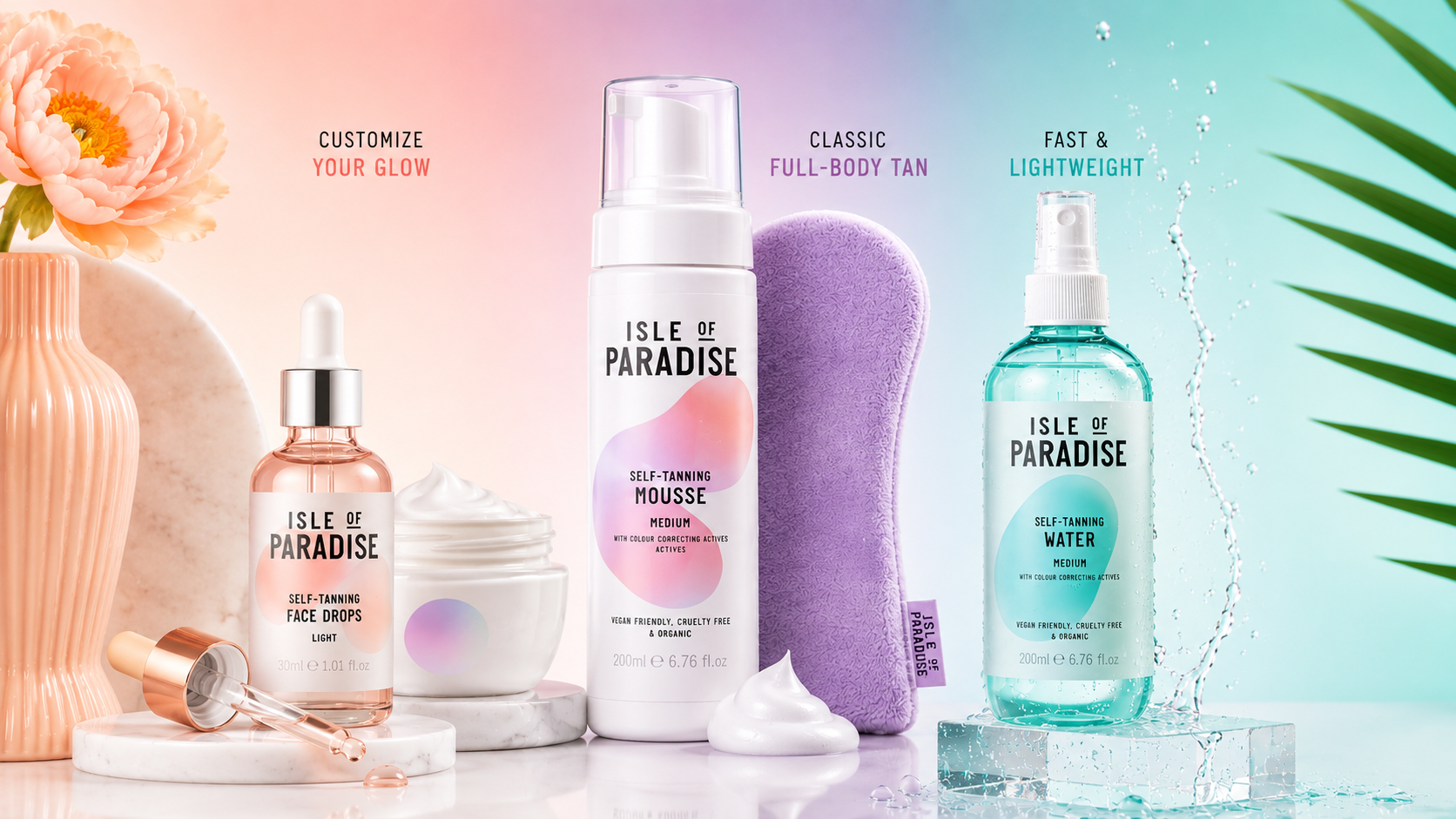 Products representing waters, mousse, and drops.