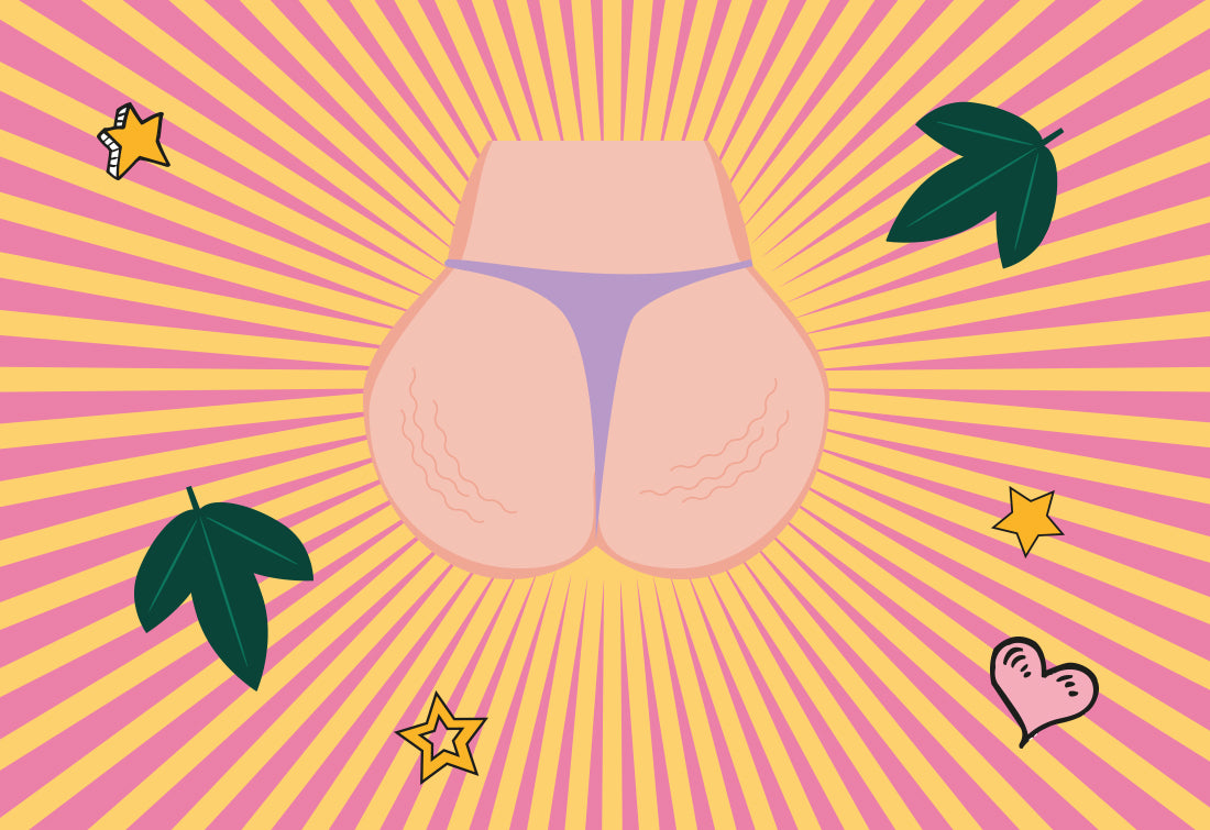 Colourful and fun Illustration of a bottom with cellulite wearing a thong.