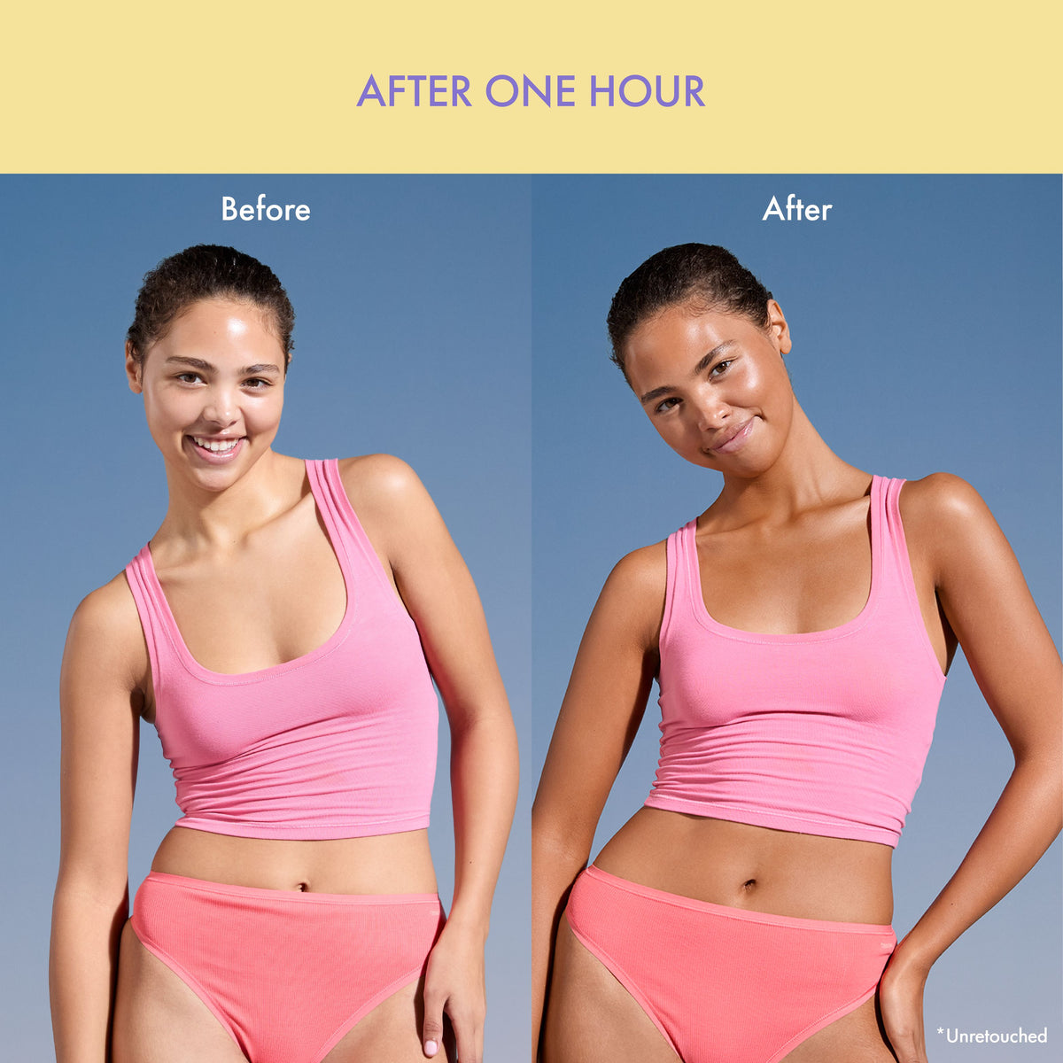 Self-Tanning Water IOP self tanning mist in Light shade, before and after on a woman in pink