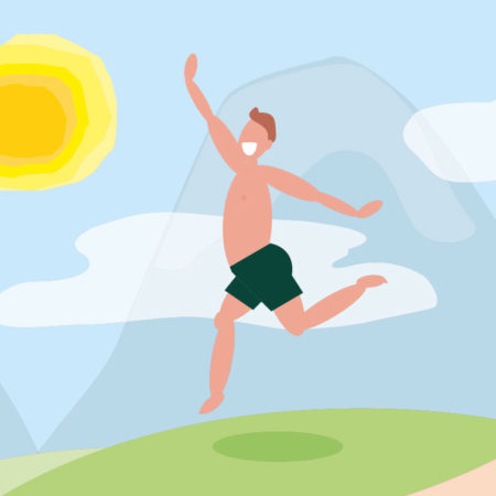 Illustration of man jumping over a hill with sunshine in the sky