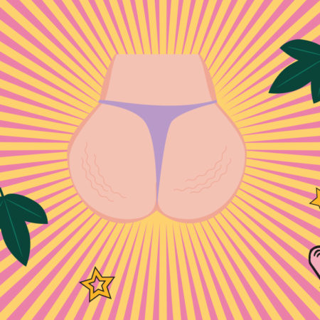 Colourful and fun Illustration of a bottom with cellulite wearing a thong.